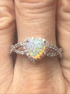 Heart Opal Halo Ring Opalescent GRA CERTIFIED MOISSANITE DIAMONDS 925 SS NEW